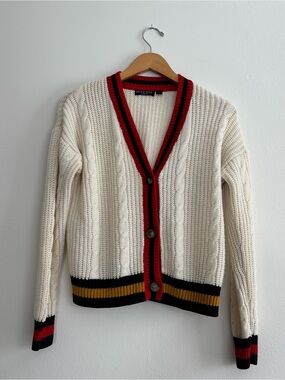 Brave Soul Cream Cable Knit Cardigan with Red, Black & Gold Trim